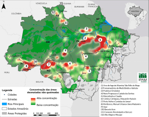 Mapa com 11 locais com concentração de área desmatar pronta para queimar na Amazônia