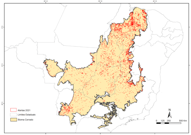Mapa do bioma Cerrado com os alertas de área desmatada registrados em 2021 (Fonte: IPAM/MapBiomas)