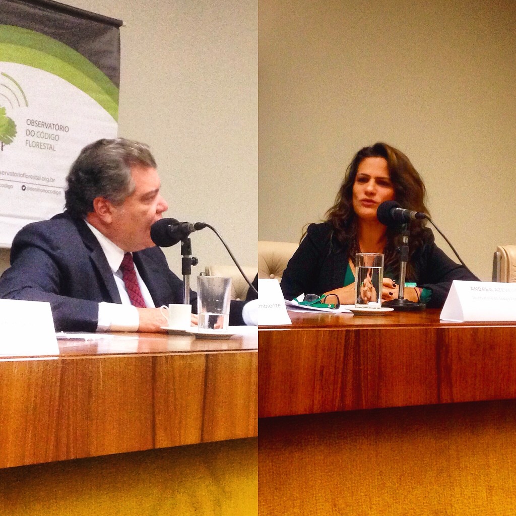 Ministro Sarney Filho e diretora de políticas públicas do IPAM, Andrea Azevedo, debatem em evento sobre Código Florestal. Foto: IPAM