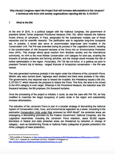 Technical note from civil society organizations rejecting Bill that changes protected area in the Amazon