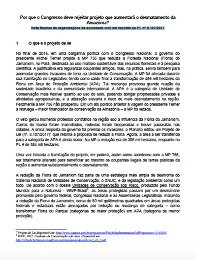 Nota conjunta das ONG contra projeto de lei que reduz a Flona do Jamanxim