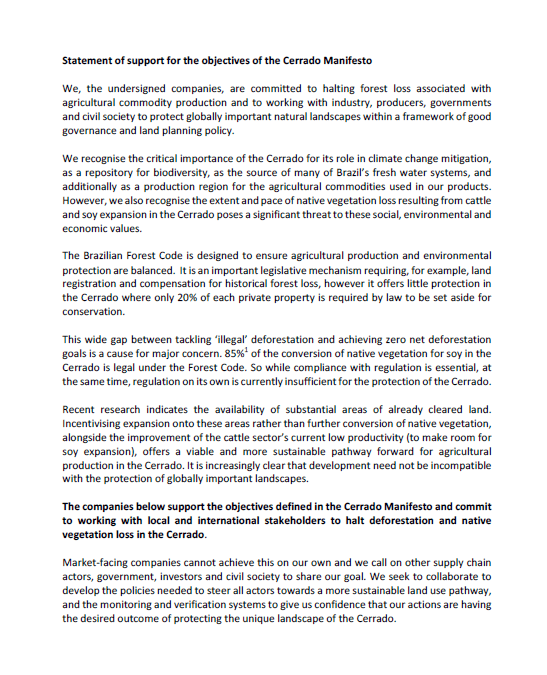 Statement of support for the objectives of the Cerrado Manifesto