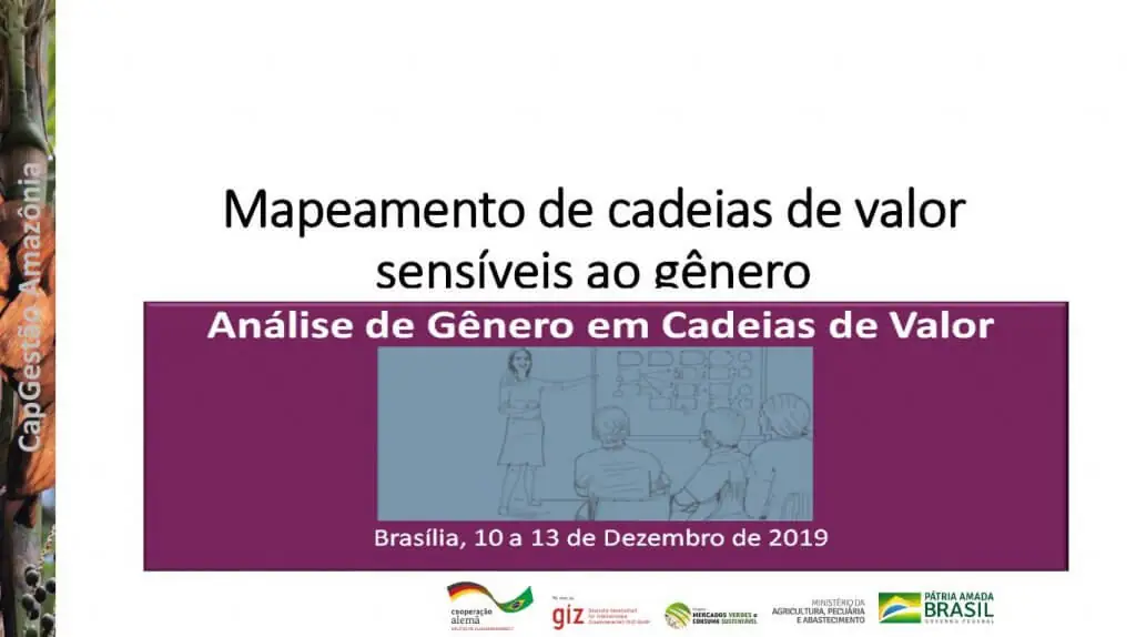 A apresentação traz o passo a passo sobre como fazer o mapa de uma cadeia de valor explicitando a participação de homens e mulheres em cada elo.