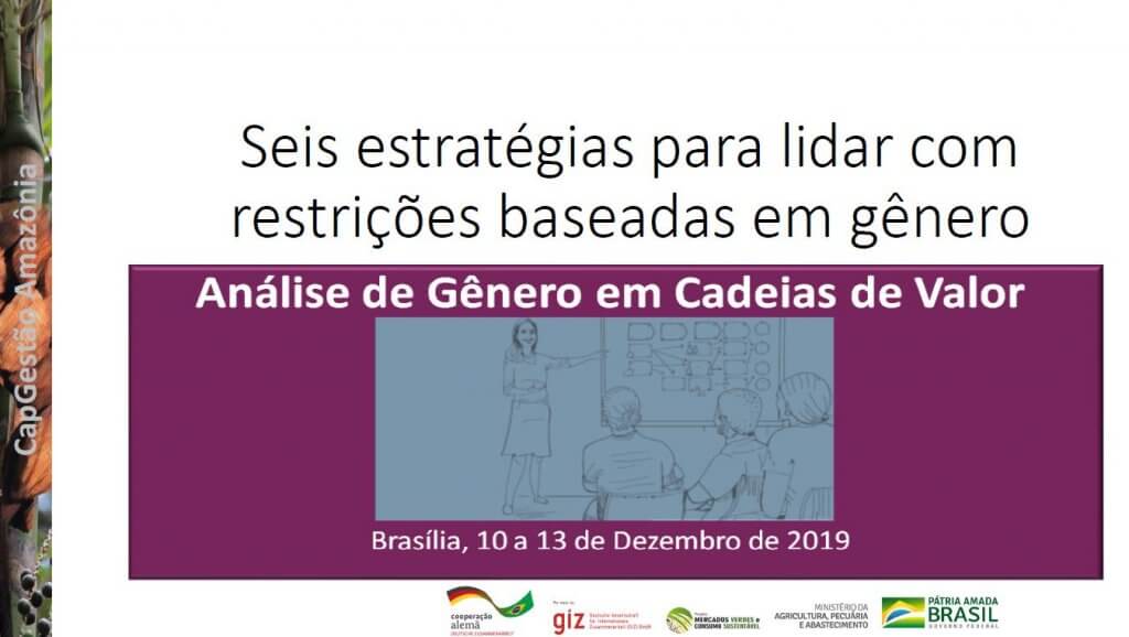 A apresentação contém propostas de estratégias para lidar com restrições baseadas em gênero dentro das cadeias de valor e que podem ser adaptadas e utilizadas de acordo com o contexto local.