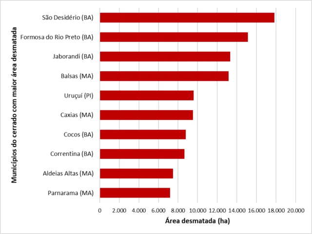 Municípios em que ocorreram os maiores desmatamentos do Cerrado em 2021 (Fonte: IPAM/MapBiomas)