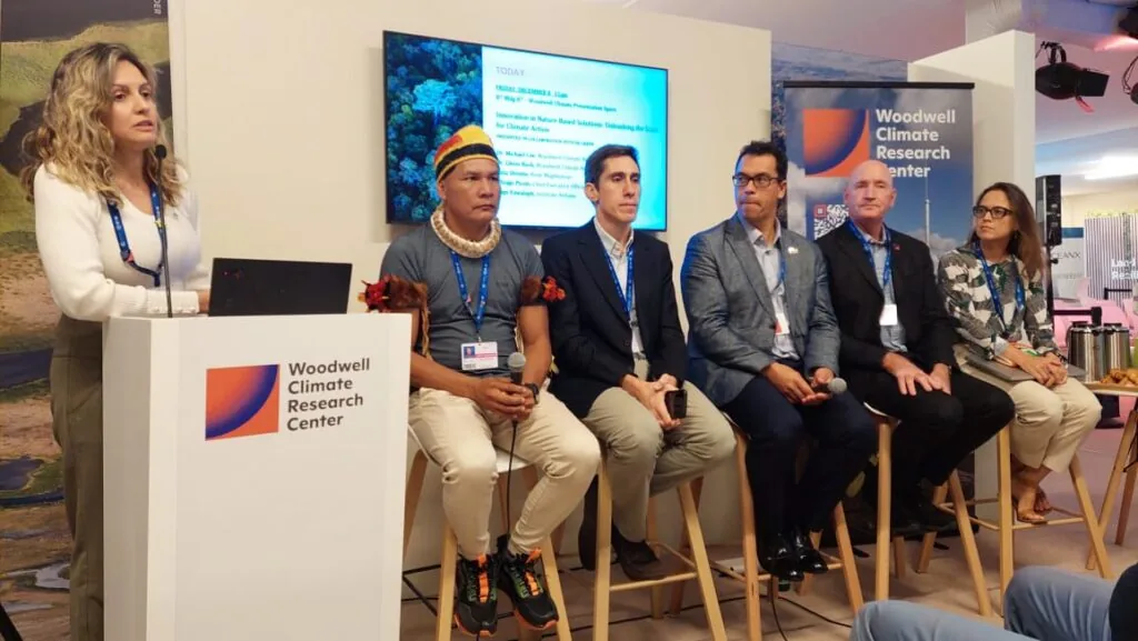 Painel “Inovação em soluções baseadas na natureza: liberando a escala para ação climática”, moderado por Ludmila Rattis, pesquisador do IPAM e Woodwel