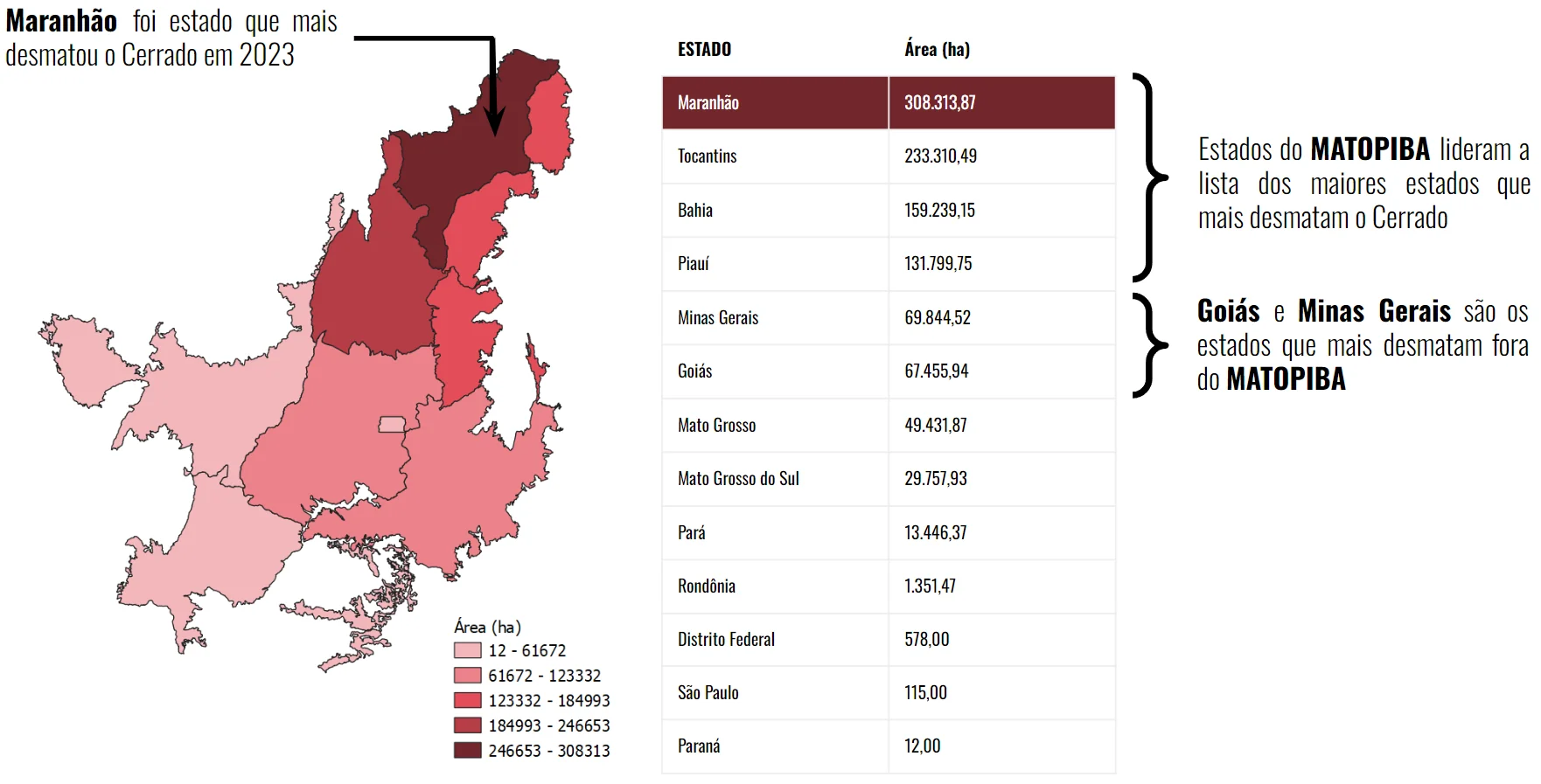 Área desmatada por estado no Cerrado em 2023, segundo SAD Cerrado.