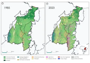Mapa da fronteira dos estados do Maranhão, Tocantins, Piauí e Bahia - Matopiba - indicando áreas de vegetação nativa, pastagem, agricultura e outros usos da terra.