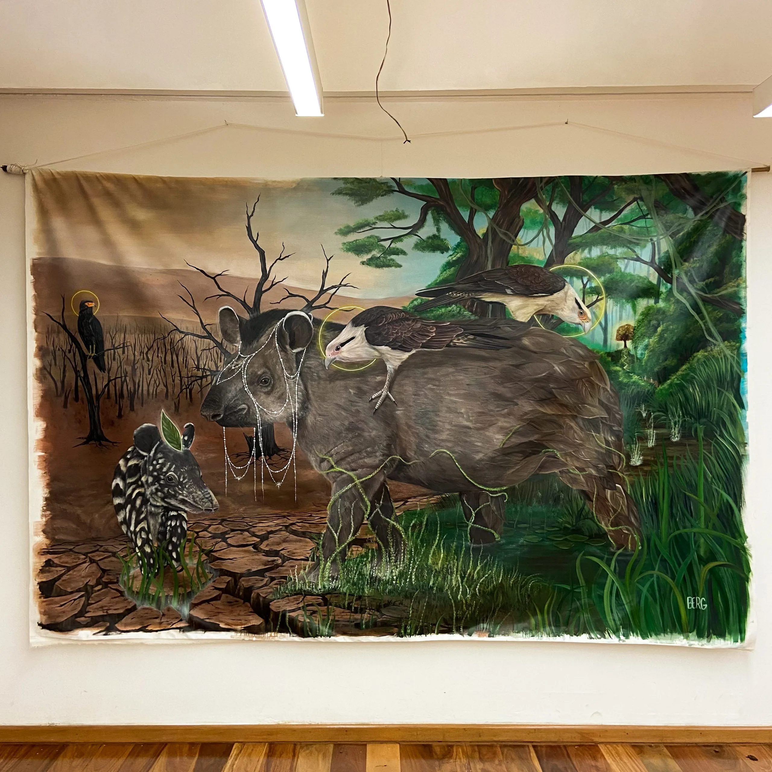 Conhecida como “jardineira da floresta”, a anta dispersa sementes em suas fezes, contribuindo com a restauração da vegetação. Na obra, o filhote aprende com a mãe. Em seu dorso, um casal de gaviões-carrapateiros (fêmea à esquerda, macho à direita) se alimentam dos seus parasitas, em uma relação de protocooperação interespecífica. Um deles observa a floresta renascendo, enquanto o outro vigia o caminho à frente. À esquerda, um gavião-de-anta observa. Pintura feita a convite da INCAB-IPÊ (Iniciativa Nacional para a Conservação da Anta Brasileira).