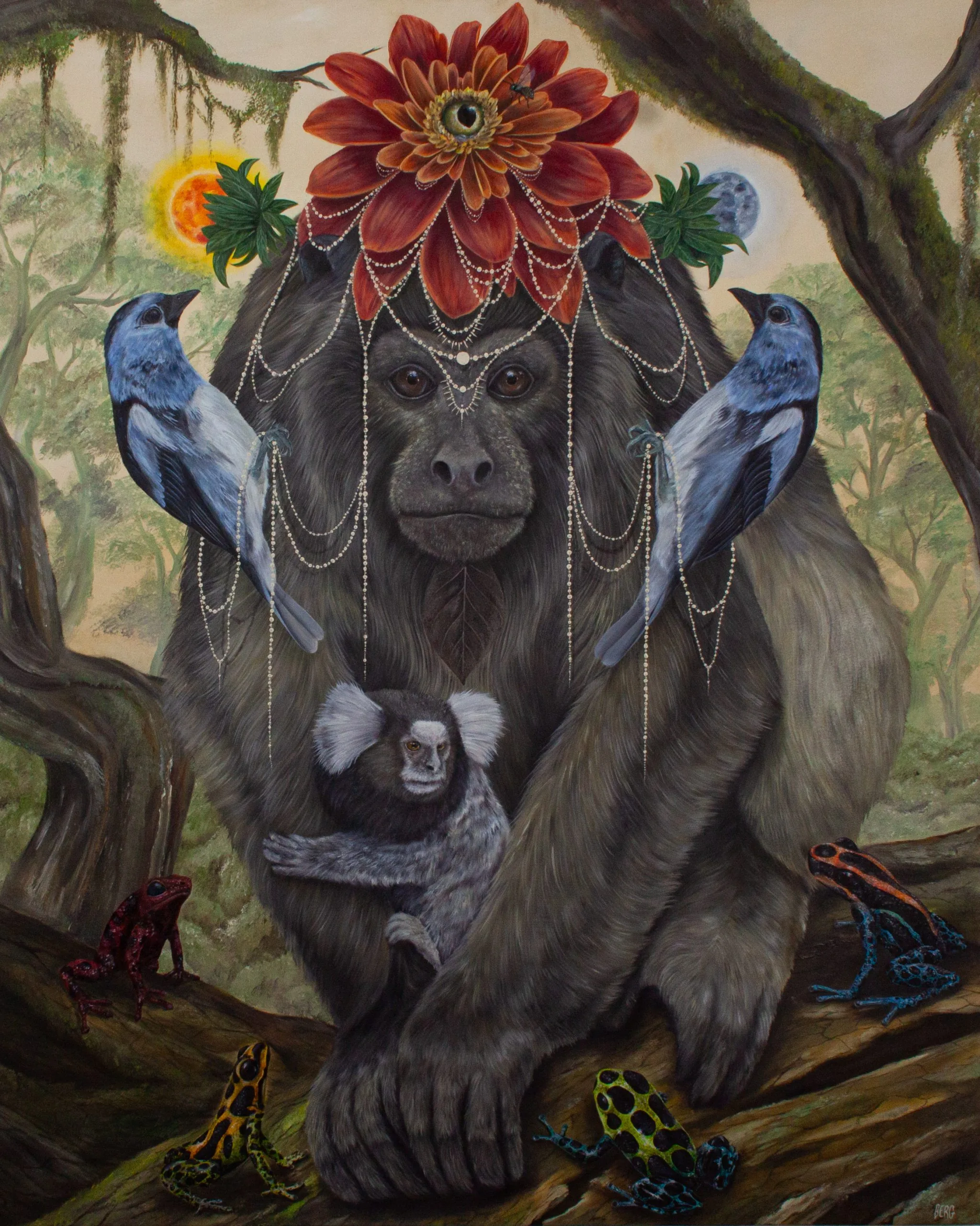 Bugio-preto (mescla entre macho e fêmea) com sagui se protegendo em seus braços. Sapos-ponta-de-flecha os rodeiam. Adornos imitam movimento dos cipós, apesar de não serem visíveis aos olhos humanos na natureza. Popularmente conhecidos por cambada-de-chaves (devido ao som que emitem), os pássaros possuem as chaves para abrir a fechadura localizado no olho da flor, que seriam os olhos dos humanos. Próxima a ela, uma abelha lambe-olhos, que tem este nome por “lamber” a secreção dos olhos das pessoas. Na obra, ajuda a secar as lágrimas que caem do olho. Da flor (dália), nasce um sol e uma lua, fazendo do bugio-preto protetor da noite e do dia.