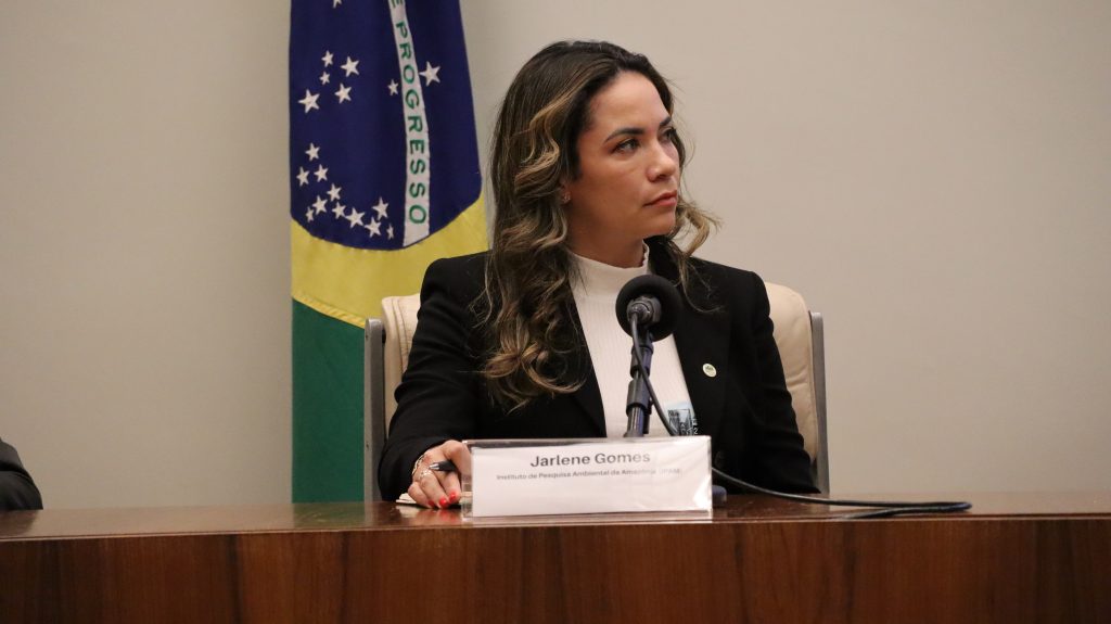 Jarlene Gomes, pesquisadora do IPAM, apresenta Temometro do Codigo Florestal em oficina da Câmara