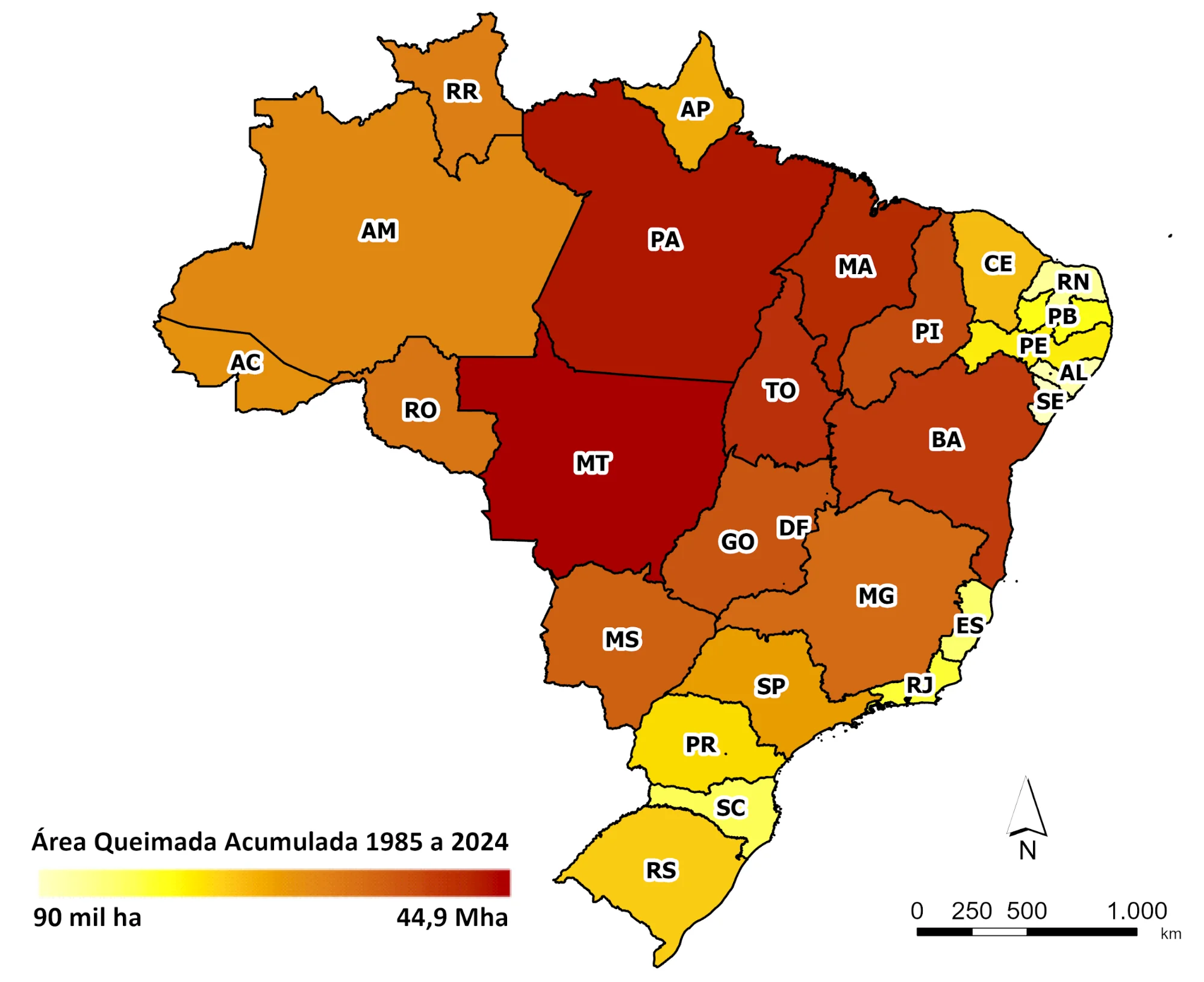 Figura: Área queimada acumulada (em hectares) por estado entre 1985 e 2024