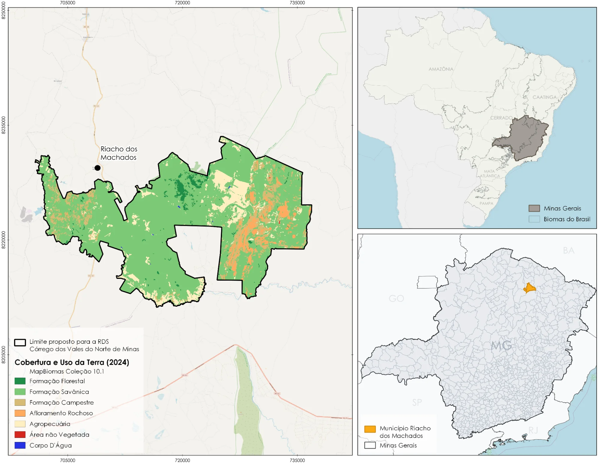 Mapa indicando a localização da Reserva de Desenvolvimento Susntentável Córrego dos Vales do Norte de Minas, localizada próxima da fronteira mineira com a Bahia e cobrindo mais de 30 mil hectares de Cerrado ainda preservado